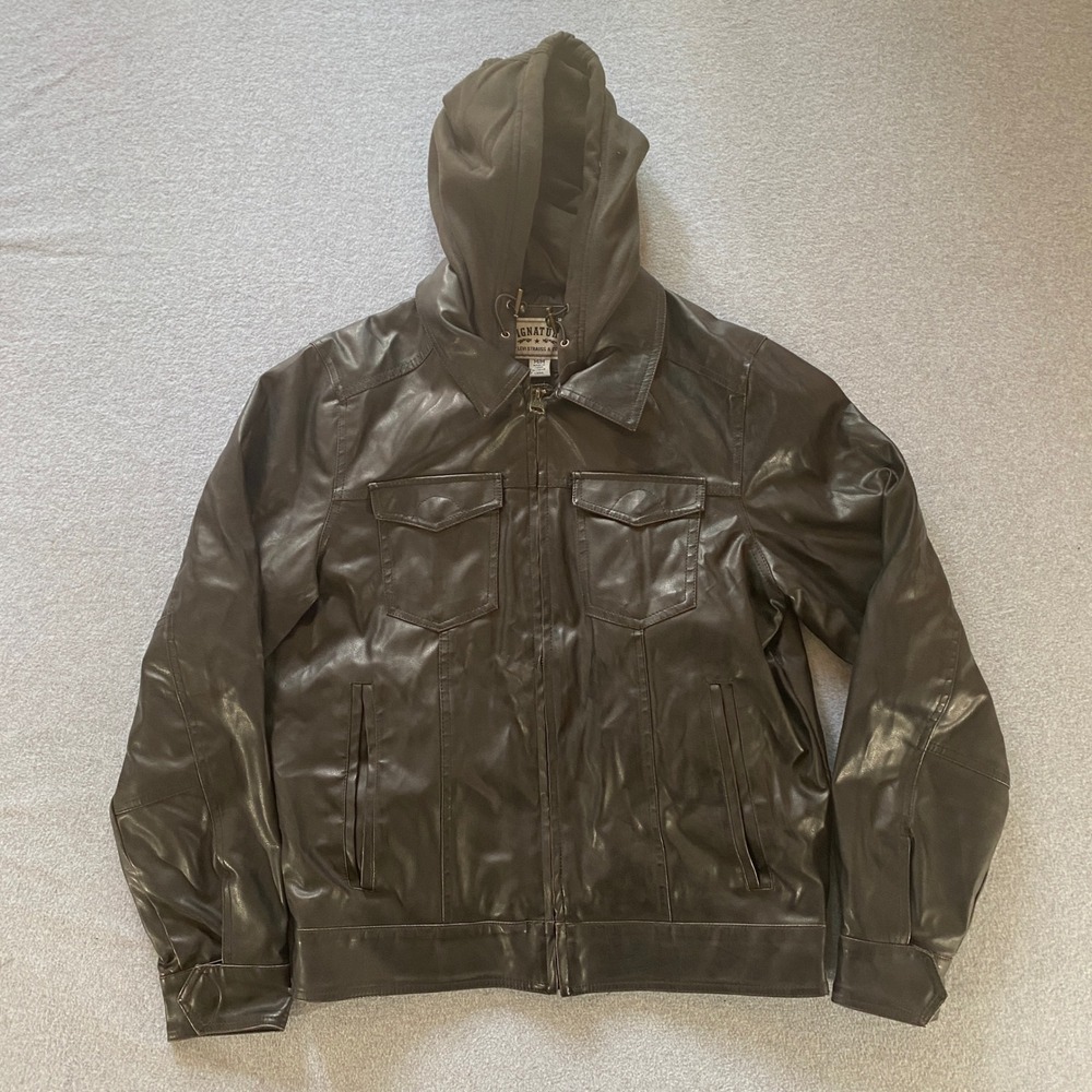 Signature by Levi Strauss & Co Mens Faux Leather Hooded Jacket Dark Brown Medium